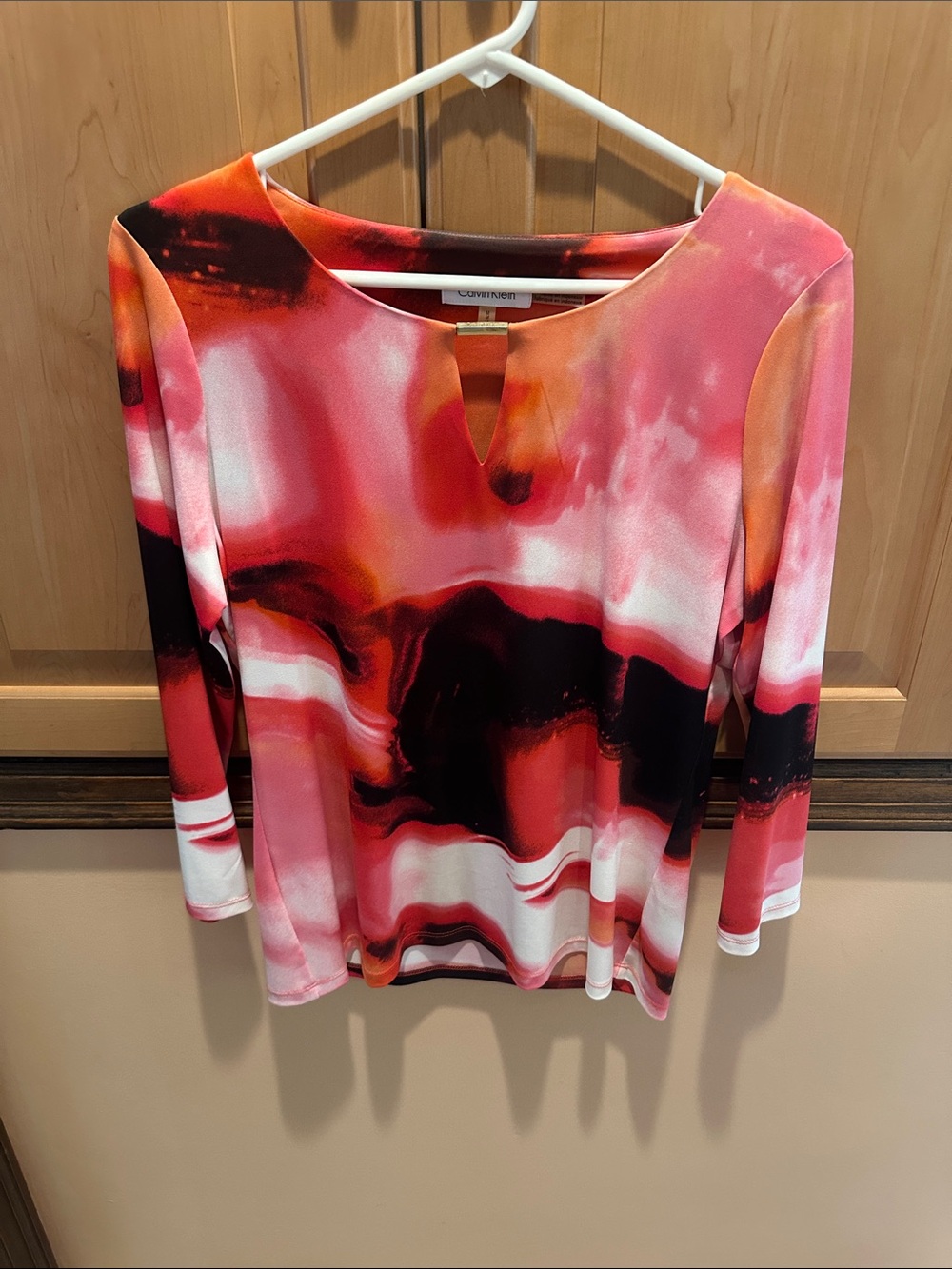 Calvin Klein Pink and Red Abstract Keyhole Long Sleeve Top